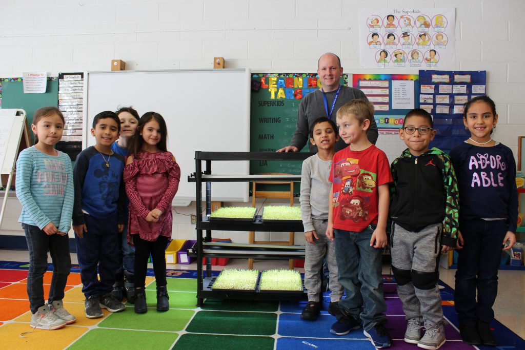 The first grade students in Mr. Lankau's class stand around a tray holding the pea shoots that they have grown in Mr. Lankau's classroom