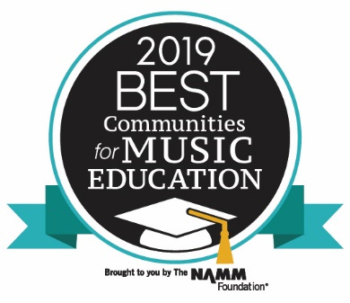 A logo for the 2019 Best Communities for Music Education with a graduation cap on it