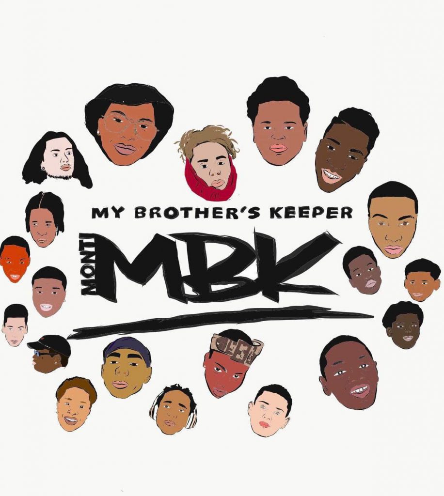 A graphic with many faces in a circle with MBK in the center.