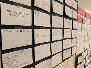 a group of index cards that make up part of the wall of barriers 