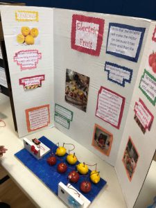 A poster board filled with information about the experiment showing if fruit produces electricity.