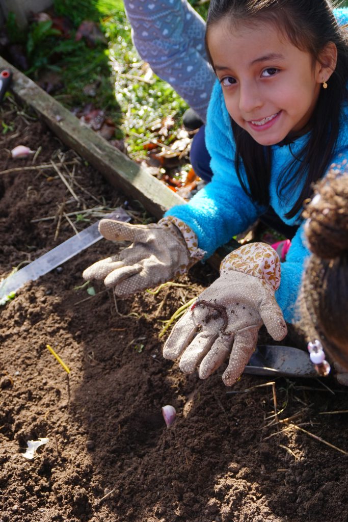 a student is outside in a garden holding a worm