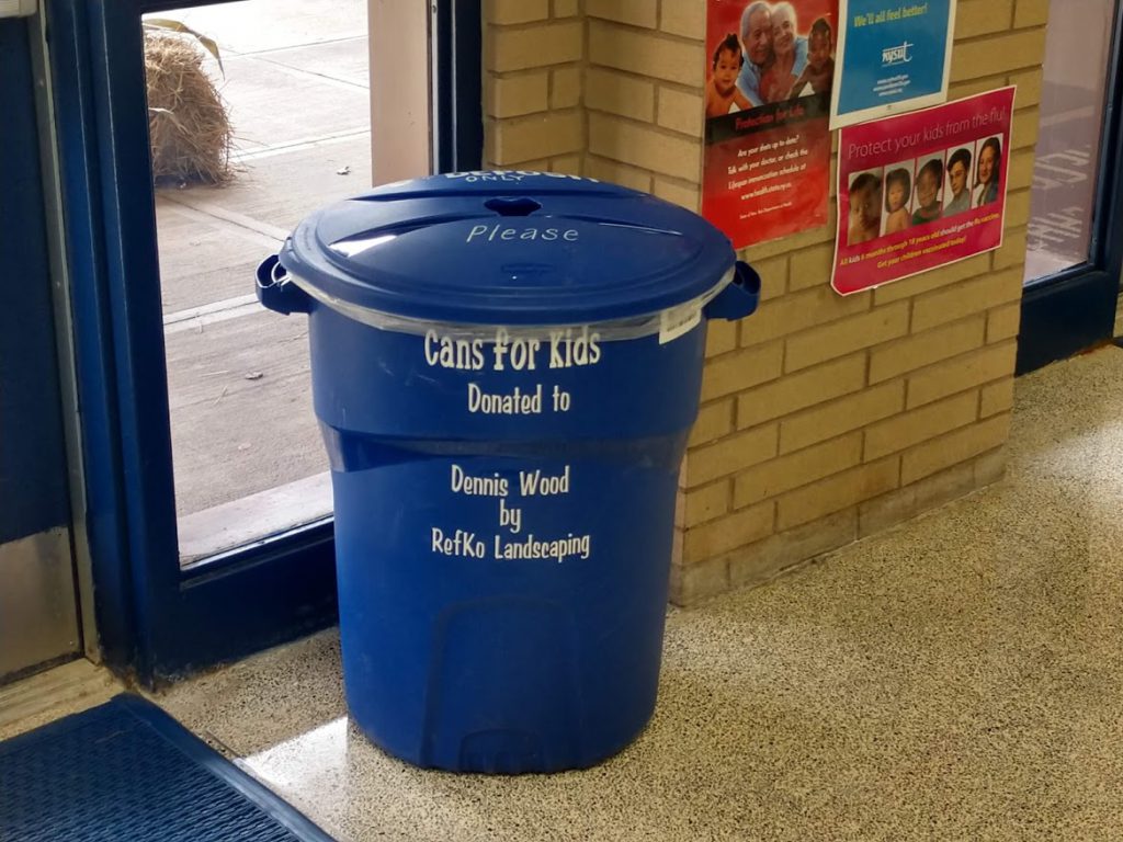a bin where people can drop off cans for the Cans for Kids fundraiser 