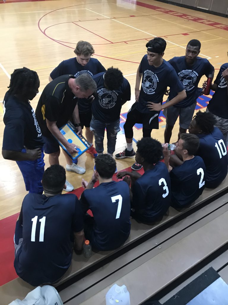 A huddle around the bench during a basketball game. Players are wearing blue and white