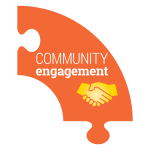 orange puzzle piece graphic with the words community engagement and an icon of hands shaking 