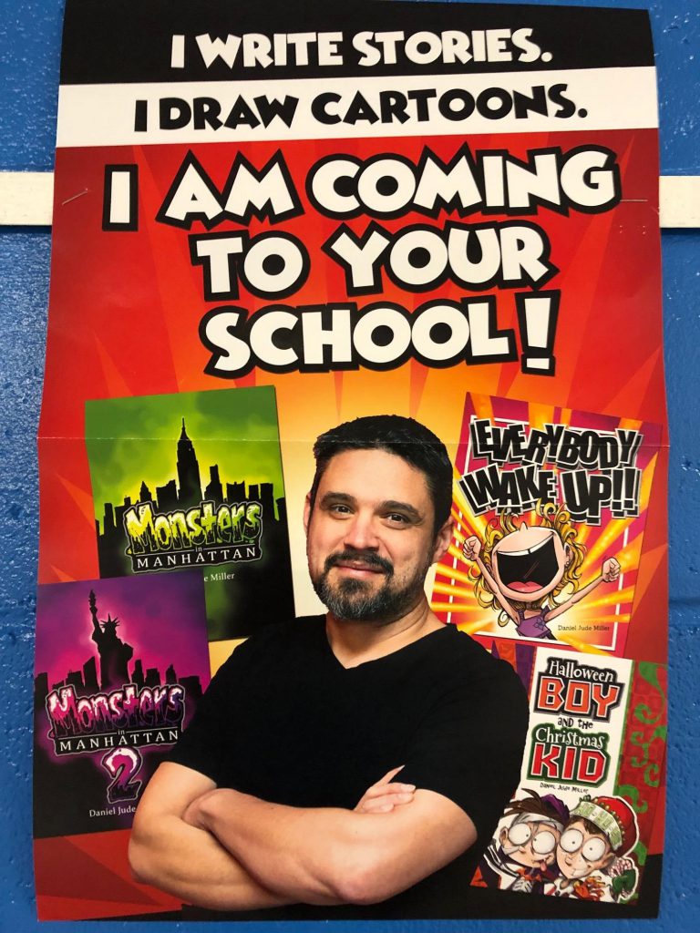 A flyer stating "I am coming to your school! with a picture of a man in a black shirt, dark hair, beard and mustache folding hi arms. Behind him are pictures of books.