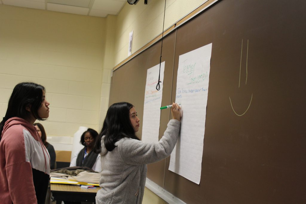 TSTT students took turns brainstorming how they might approach a student displaying problematic behavior in the classroom. 