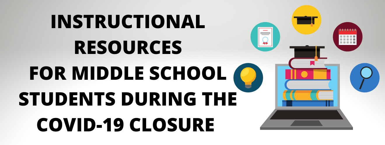 Icon of computer with symbols of learning and text reading Instructional resources for middle school students during the covid-19 closure