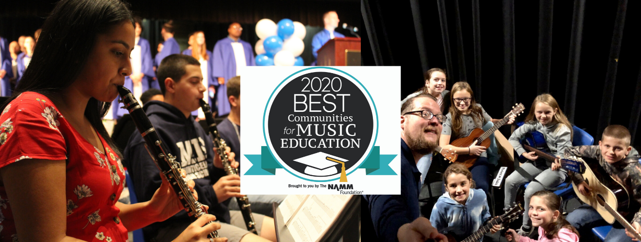the logo for the best communities for music education award is juxtaposed on top of photos of students playing instruments