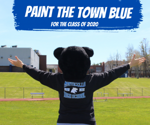 the panther mascot is standing in a field wearing a monticello high school class of 2020 shirt. Text "Paint the town blue for our seniors" is at the top