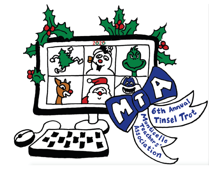 a drawing of a computer screen. The screen is divided into boxes, like a conference call and various Christmas characters are in each box. 