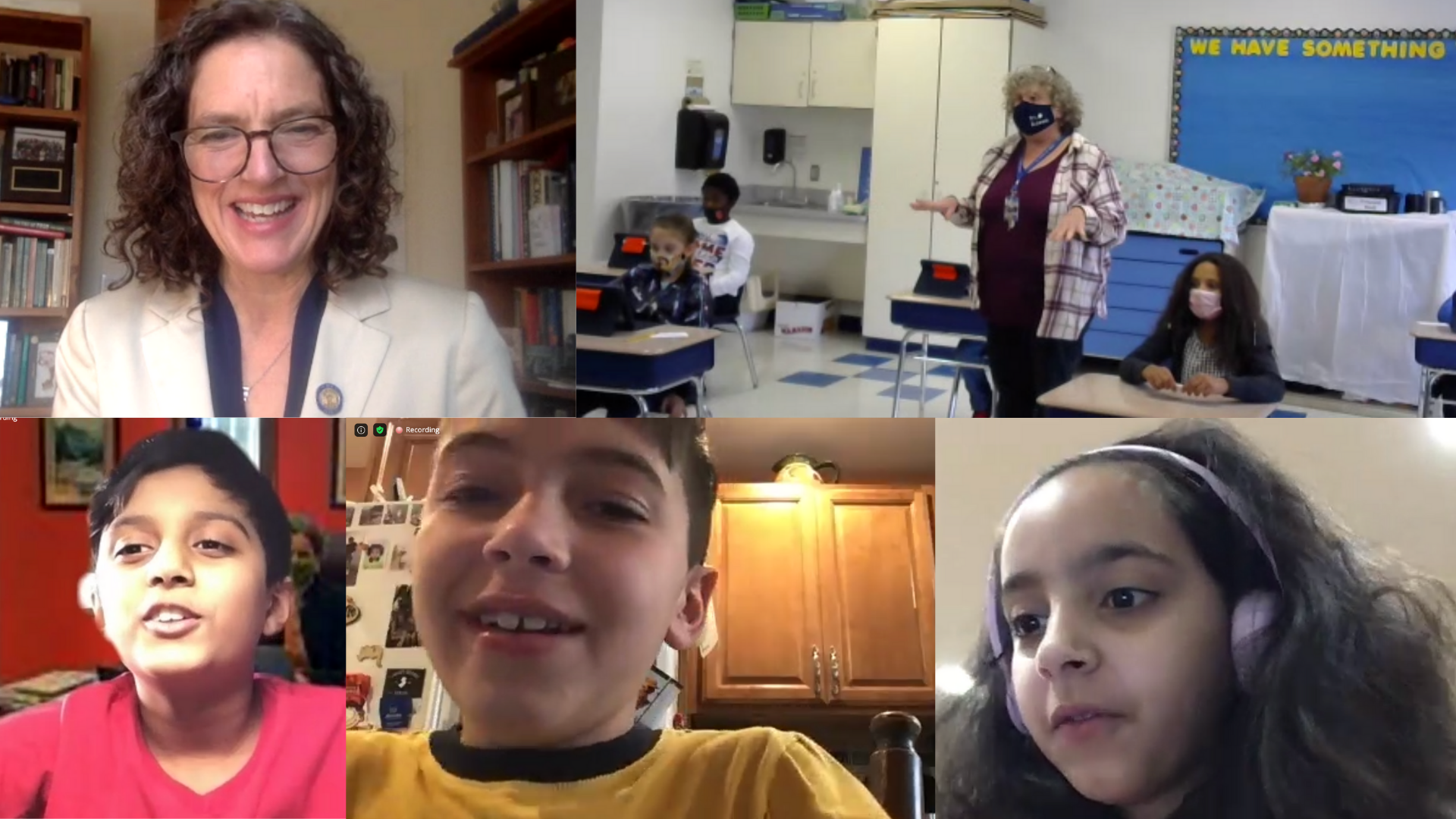 screen shots of students and the senator from the zoom call 
