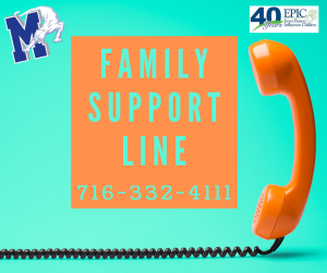 the words Family Support Line are written on an aqua background with an image of a phone