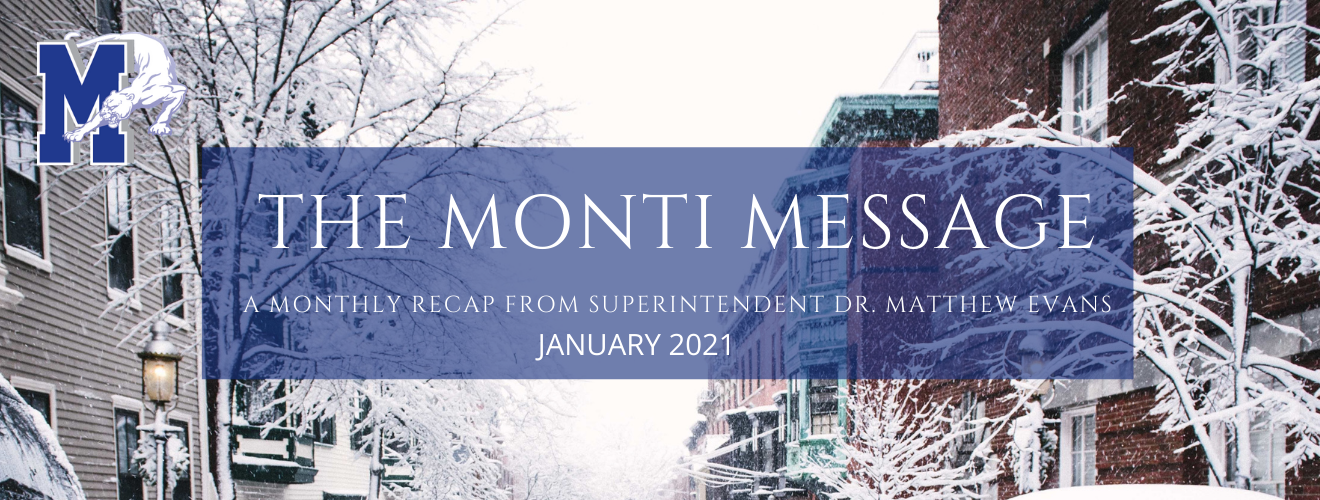 photo of a snow covered street with the words "Monti Message January" written across