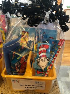 photo of a gift basket containing dr. seuss books