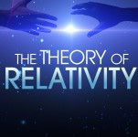 A blue background with hands coming from each side. The words The Theory of Relativity 