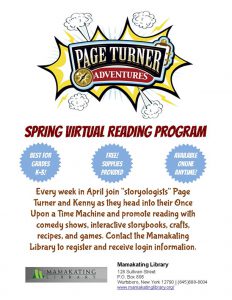 A heading that says Page Turner Spring Virtual Reading Program with information on the bottom.