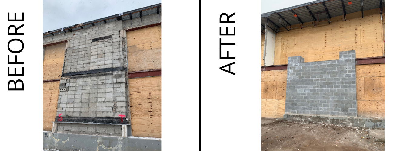 shows the exterior wall before and after construction