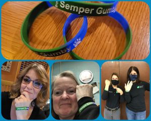 A collage of four photos. One with stretchy bracelets that say semper gumby, and three with people holding up their arms with the bracelets on.