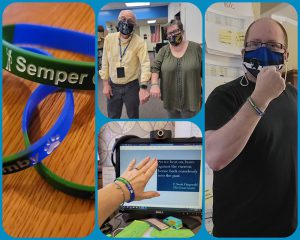 A collage of four photos of people holding up their arms with the blue and green bracelets that say Semper Gumby