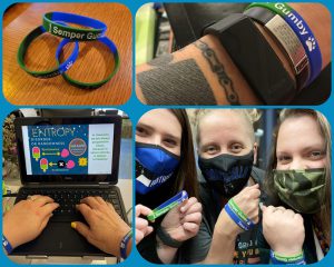 A collage of four photos. One with blue and green bracelets that say Semper Gumby, another with three people holding up their writs showing the bracelets, another typing and one more just showing the bracelet.