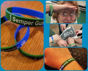 A collage of four photos. A woman saluting with the bracelet onher wrist, another with a handholding paper, a wrist with the bracelet and another with several bracelets on a table. The bracelets say Semper Gumby.