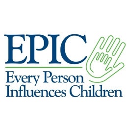 Every Person Influences Children written in blue, with the large EPIC and a child's hand inside of an adult's hand.