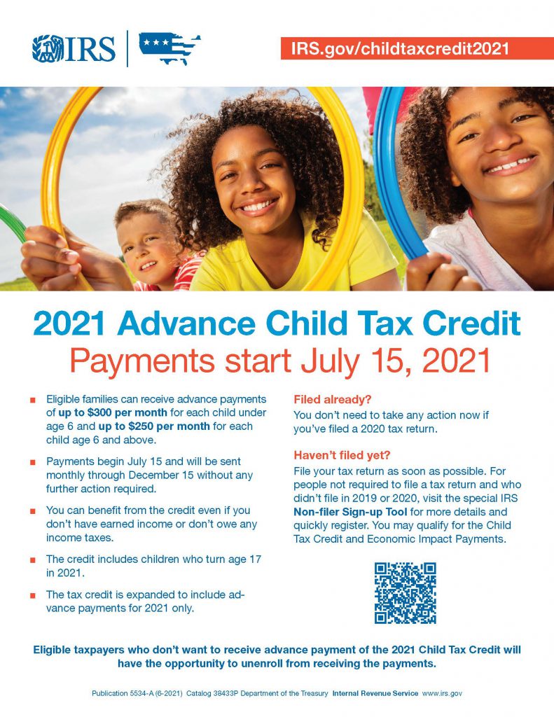 Three children smiling with blue sky behind them. Text says 2021 advance Child Tax Credit Payments start July 15, 2021