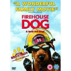 A picture of a brown dog wearing a fire helmet and sunglasses. Above it says "A wonderful family movie" Firehouse Dog.