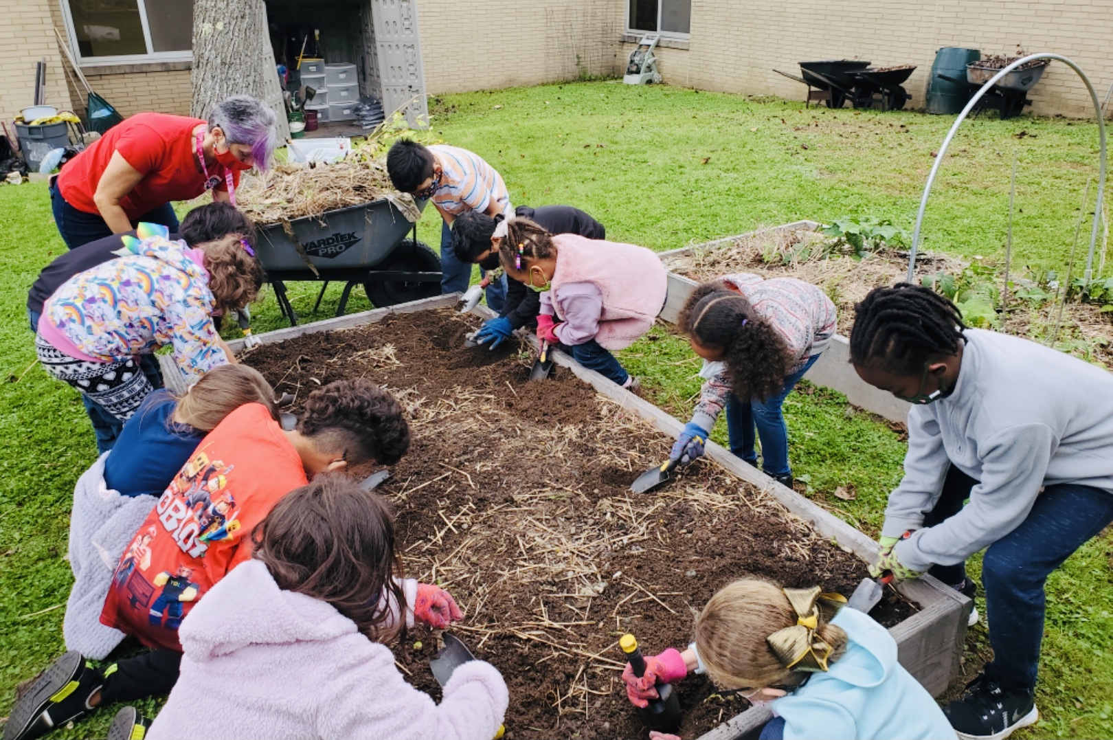 students are working around a raised garden bed 