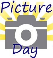 The word Picture on top and Day on the bottom. A drawing of a camera is in the center with strips of yellow coming from it.