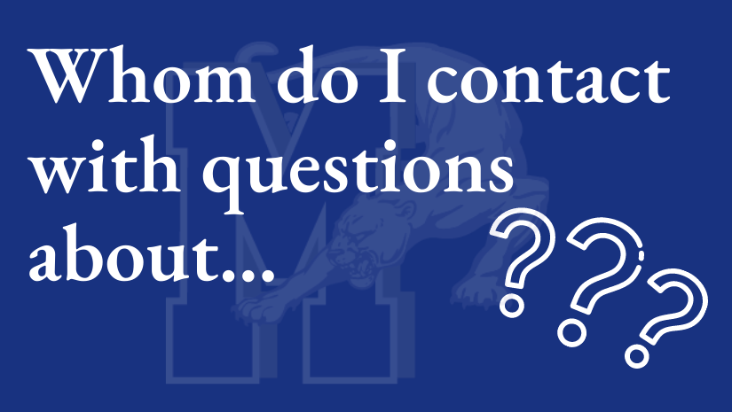 white text on blue background reads "Whom do I contact with questions regarding?"