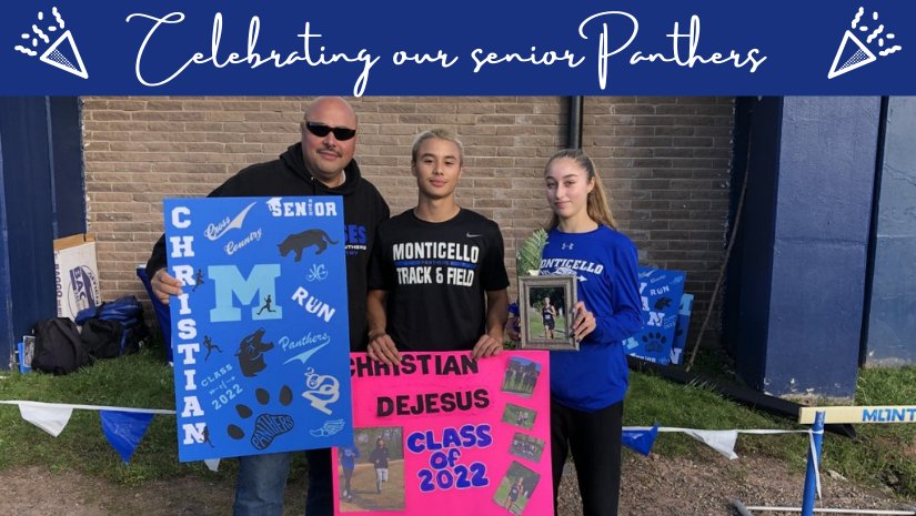 an athlete is standing in between his family members. They are holding up celebratory signs. Text on image reads celebrating our senior panthers