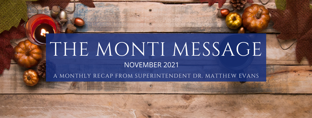image of Thanksgiving table. Text reads "The Monti Message November 2021"