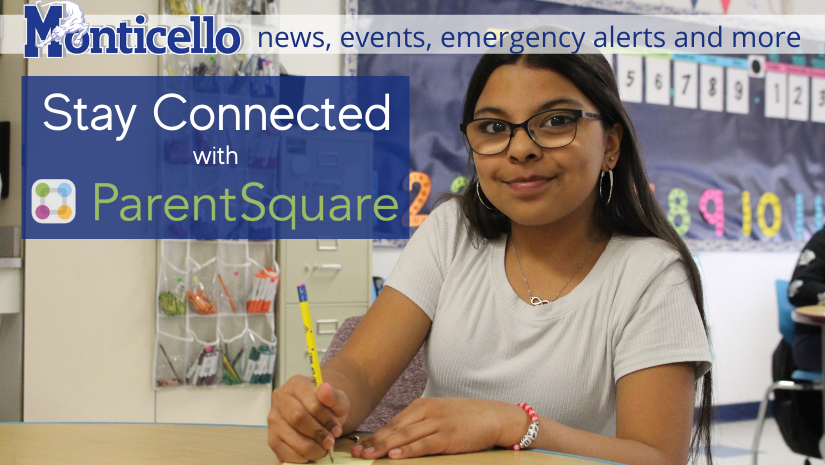 a young girl is seated at a desk smiling. Text reads stay connected with ParentSquare