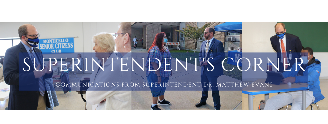 three photos of superintendent matt evans interacting with various community members. Text reads Superintendents Corner