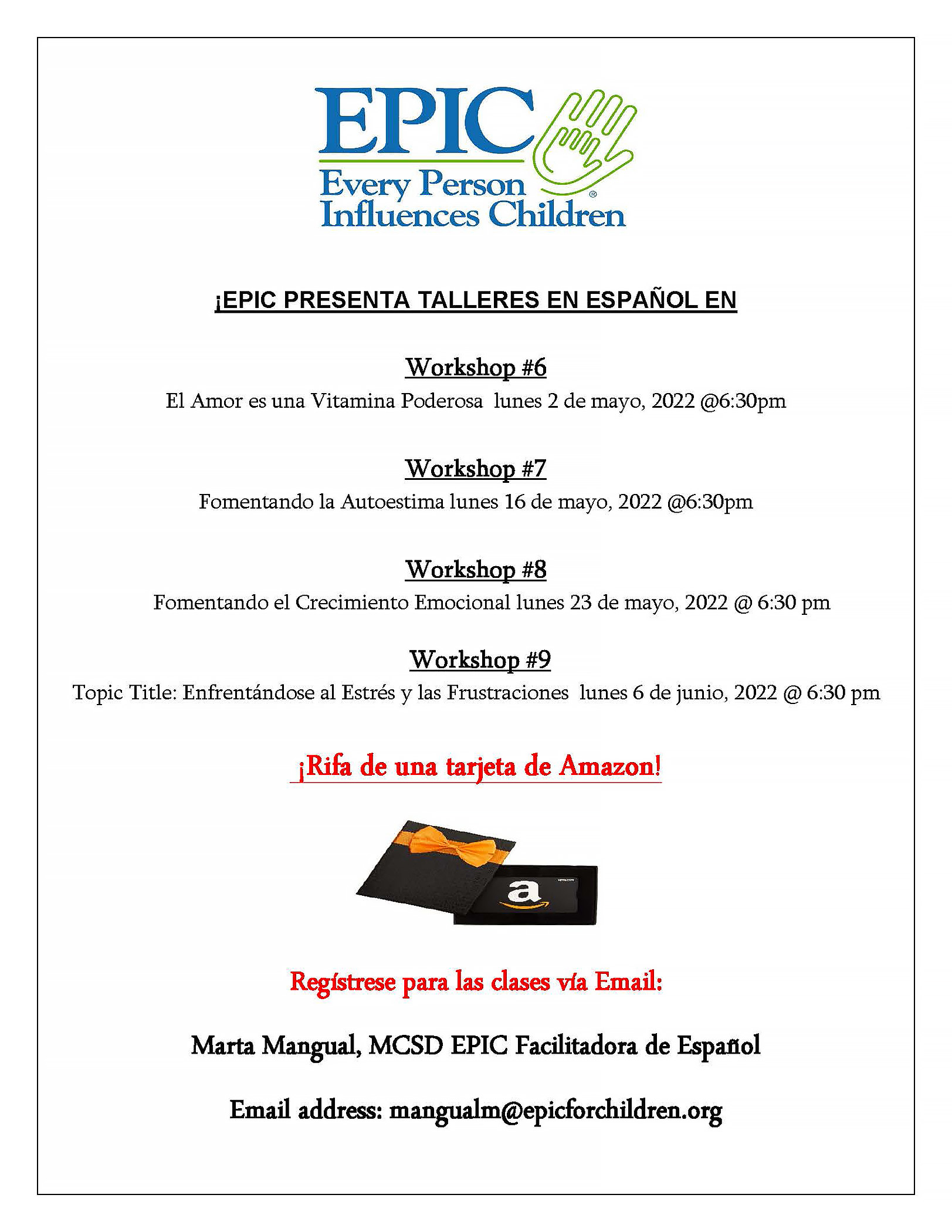 Image of flier promoting four EPIC workshops during the month of May. The flier is in Spanish.