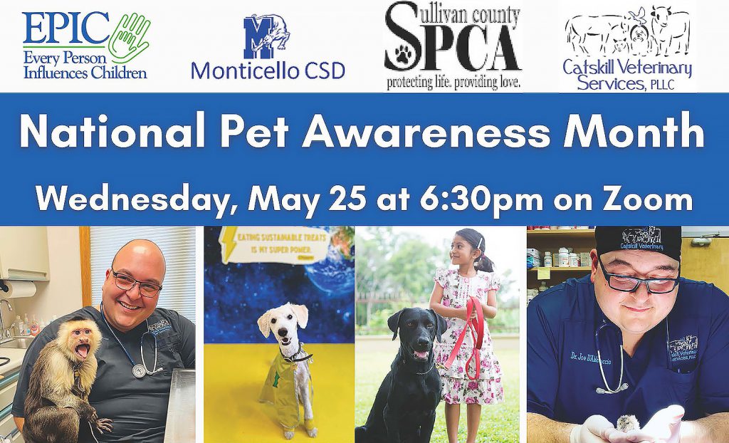 EPIC Workshop for National Pet Awareness Month. Wednesday, May 25 at 6:30PM on Zoom. Calling all pet lovers on Zoom! Join us for a 1-hour workshop with guest speakers Dr. Joseph D'Abbraccio, DVM, Owner of Catskill Veterinary Services and Debbie Dittert, Shelter Manager of Sullivan County SPCA. Participants will also learn safety pet tips for cats & dogs & meet Ollie! Students will also share their writings of what they love about their pets. Register now and receive a pet journal and enter for a chance to win a $50 Amazon Gift Card!