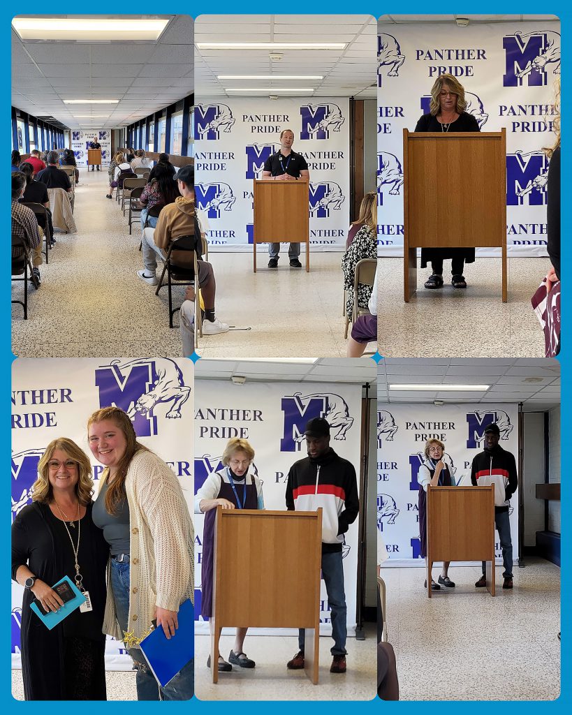 Collage of photos with high school students receiving Student of Distinction Awards from their teachers.