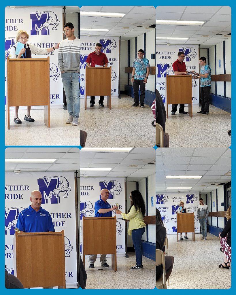 Collage of photos with high school students receiving Student of Distinction Awards from their teachers.