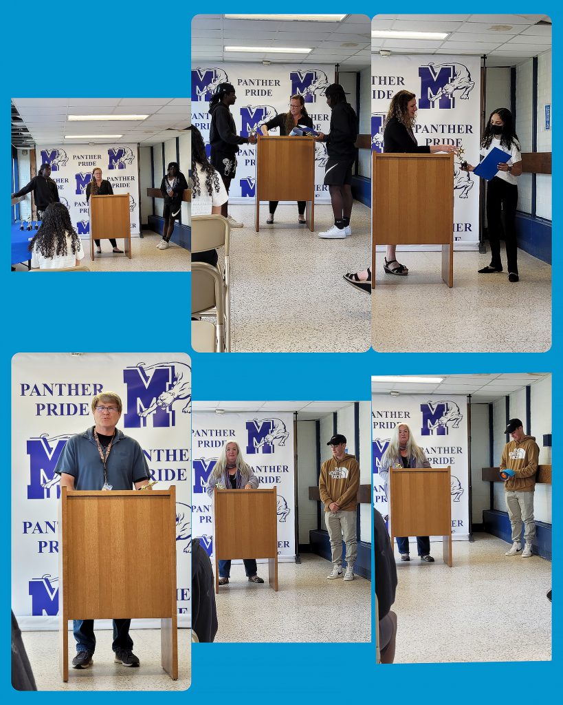 Collage of photos with high school students receiving Student of Distinction Awards from their teachers.