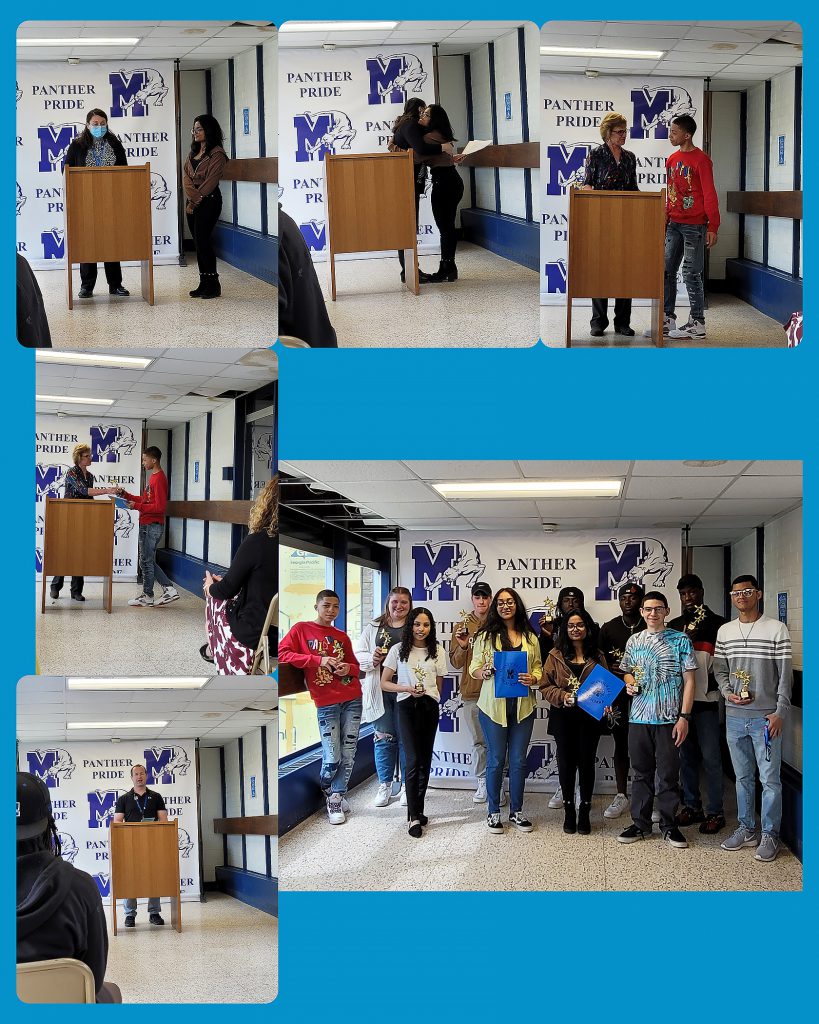 Collage of photos with high school students receiving Student of Distinction Awards from their teachers.