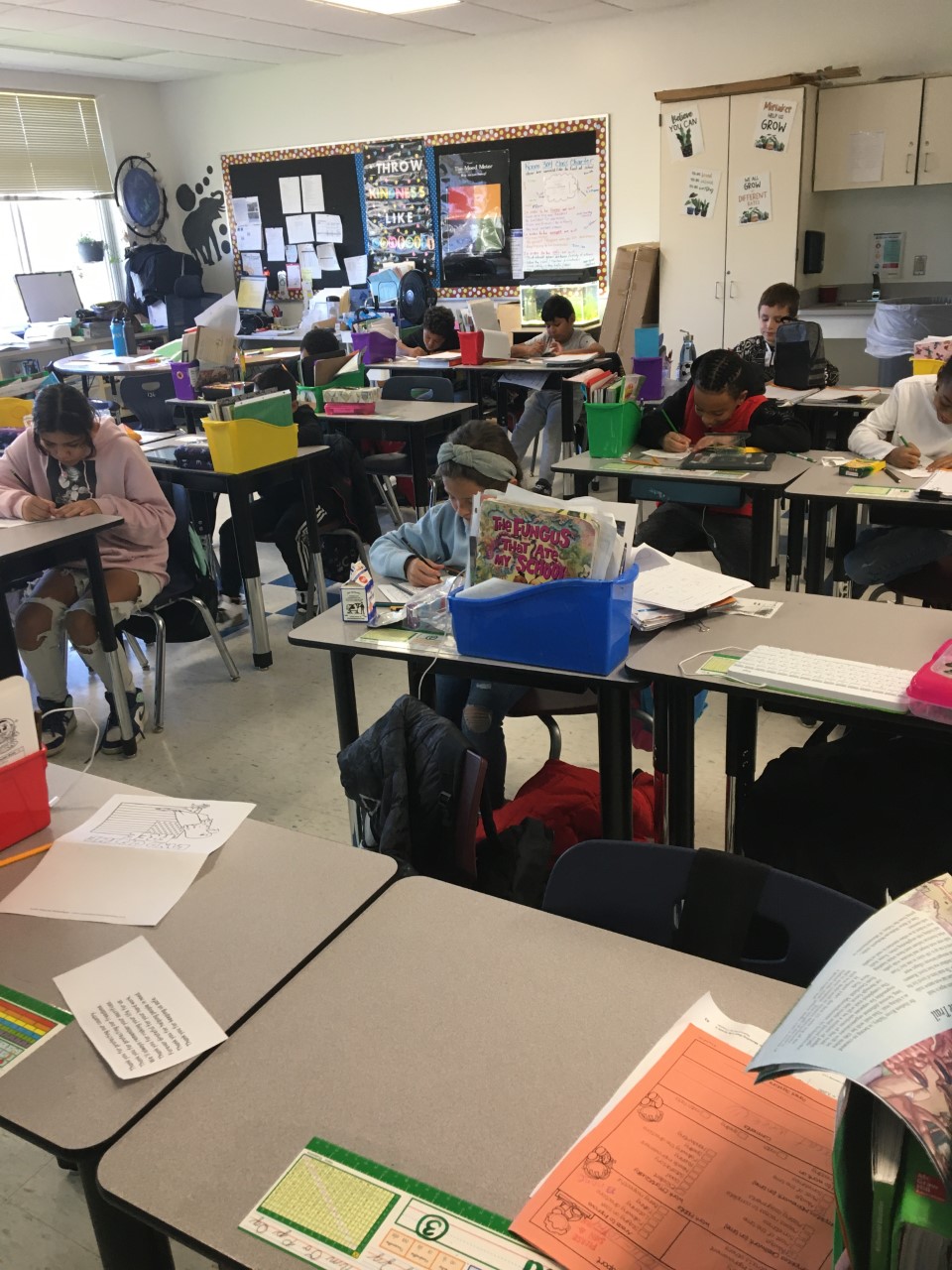 photo is of a classroom of students working at their desks. 