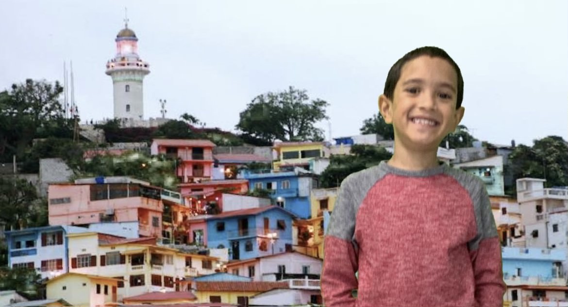 a student is standing behind a superimposed image of a Latin American town