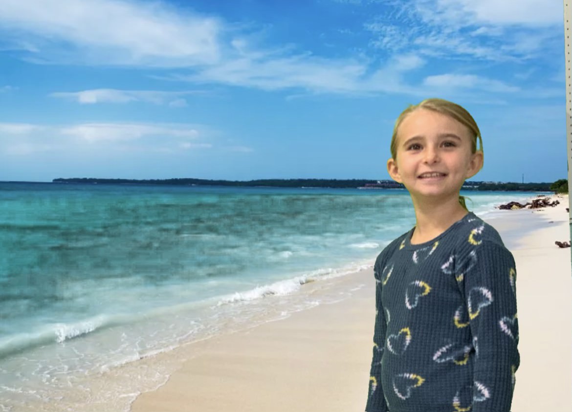 a young girl is standing in front of a superimposed image of a beach