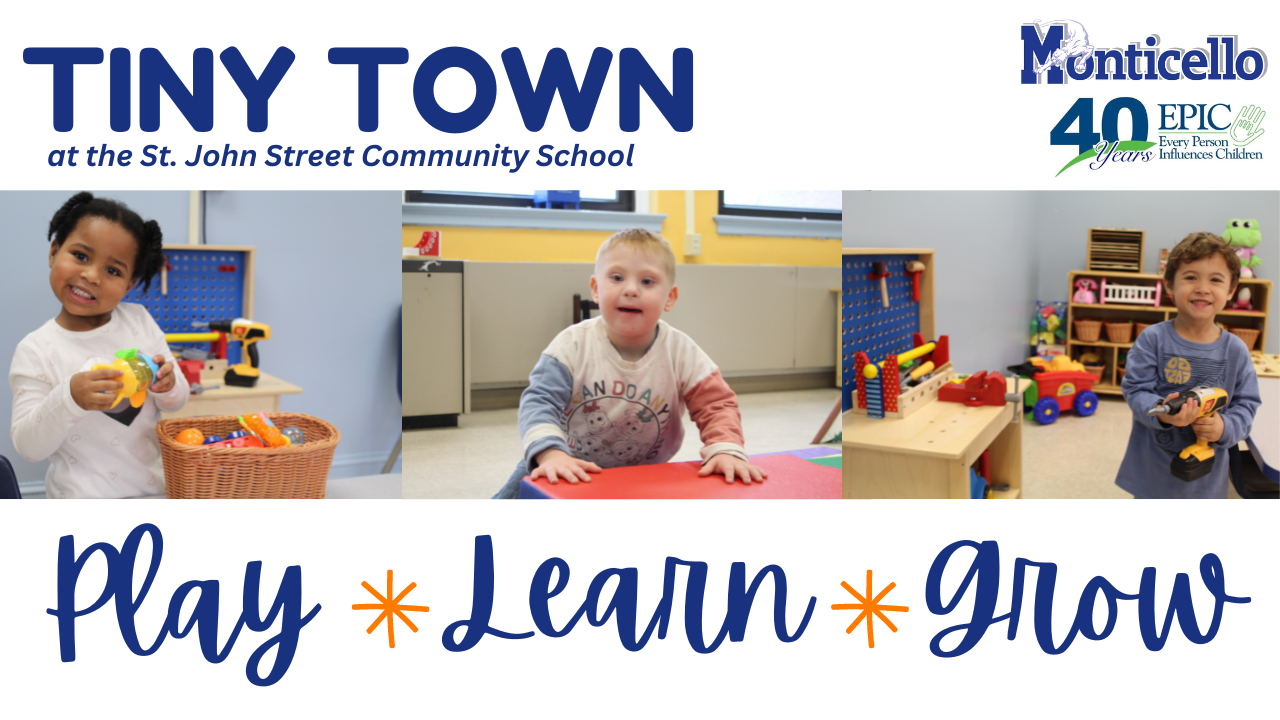 three photos of toddlers playing with various toys. Text reads "play, learn, grow"