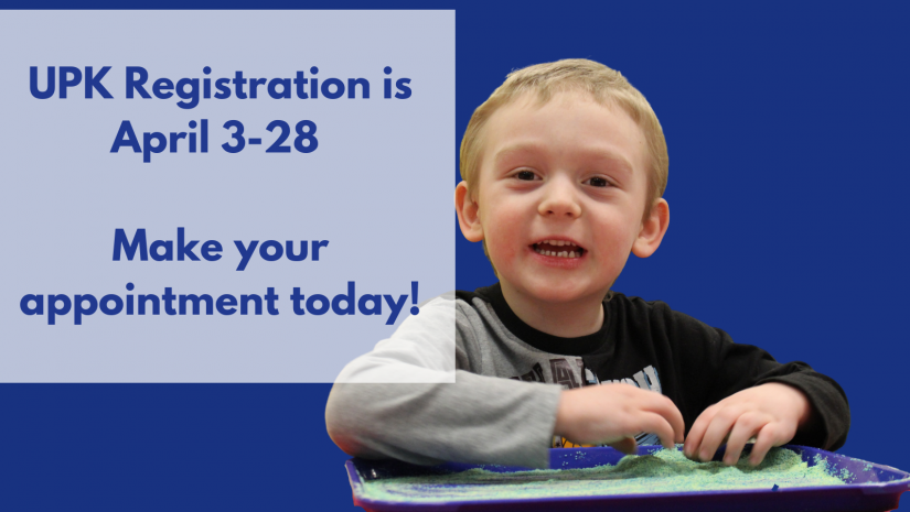 a young boy is smiling. Text reads UPK Registration is April 3 -28