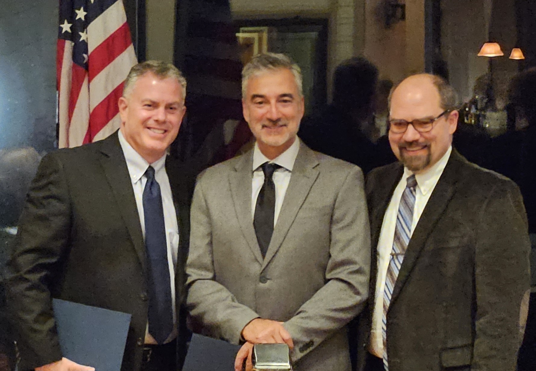 Doug Murphy (L) and Jay Mendels (C) pose with Superintendent of Schools Dr. Matt Evans at the Sullivan County School Board Association's Annual Dinner.