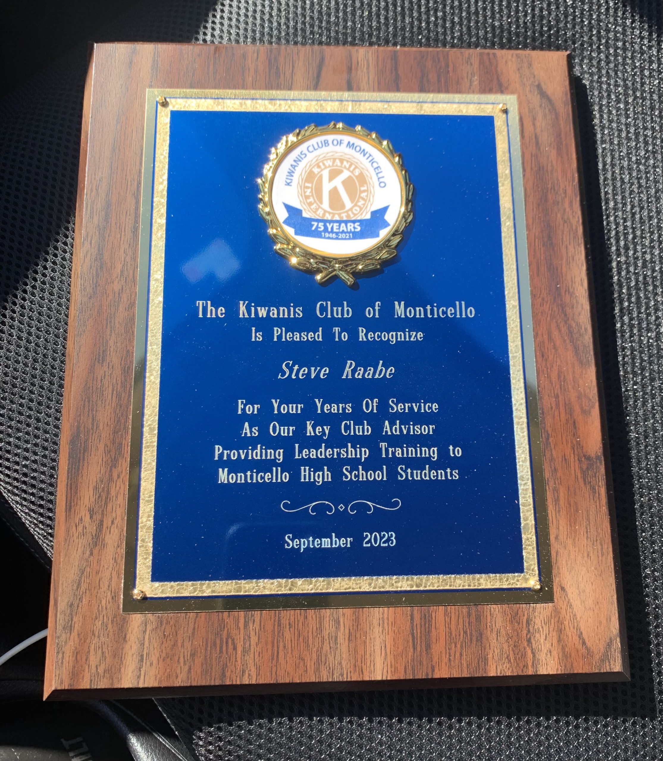 Photo is of the plaque presented to Steven Raabe