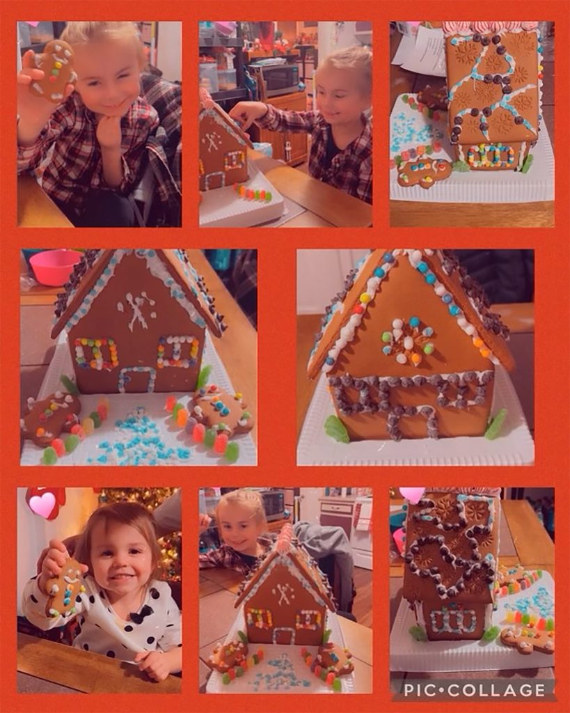 Collage of photos showing two students who completed the gingerbread house take home project.